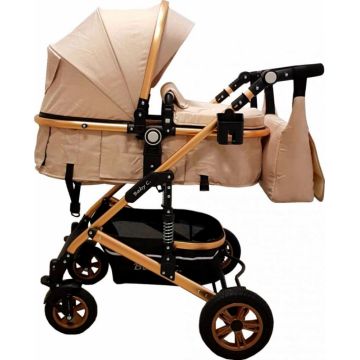 Carucior pentru copii Baby Care Pro 531 Crem 3 in 1 Transformabil, Cadru Aluminiu, Amortizoare, Roti din cauciuc, Spatar reglabil 3 trepte, Plasa insecte, Geanta