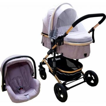 Carucior pentru copii Baby Care PRO 531 Gri 3 in 1, Cadru Aluminiu, Amortizoare, Roti din cauciuc plin, Landou, Scoica auto, Spatar reglabil 3 trepte, Plasa insecte