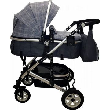 Carucior pentru copii Baby Care Pro 531 Gri Carouri 3 in 1 Transformabil, Cadru Aluminiu, Amortizoare, Roti din cauciuc, Spatar reglabil 3 trepte, Plasa insecte, Geanta