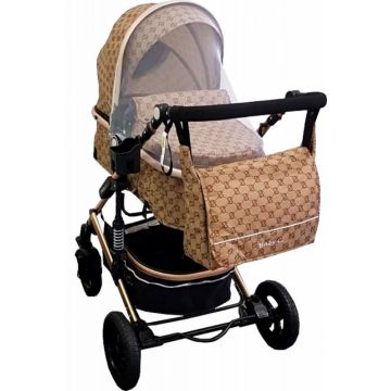 Carucior pentru copii Baby Care PRO 531 Maro 2 in 1 Cu geanta bebe, Cadru Aluminiu Gold , Amortizoare, Roti din cauciuc plin, Spatar reglabil 3 trepte, Plasa insecte