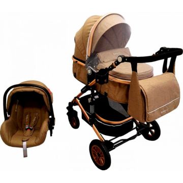Carucior pentru copii Baby Care Pro 531 Maro Cappuccino 3 in 1 Transformabil, Cadru Aluminiu, Amortizoare, Roti din cauciuc, Spatar reglabil 3 trepte, Plasa insecte, Geanta