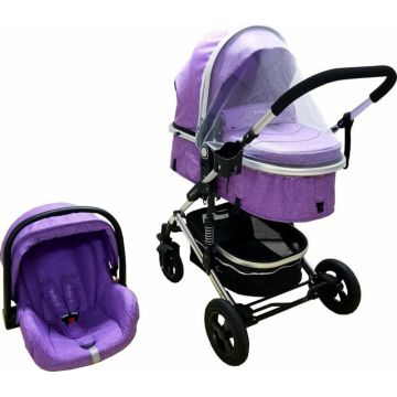 Carucior pentru copii Baby Care PRO 531 Mov 3 in 1, Cadru Aluminiu, Amortizoare, Roti din cauciuc plin, Landou, Scoica auto, Spatar reglabil 3 trepte, Plasa insecte