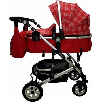 Carucior pentru copii Baby Care Pro 531 Rosu Carouri 3 in 1 Transformabil, Cadru Aluminiu, Amortizoare, Roti din cauciuc, Spatar reglabil 3 trepte, Plasa insecte, Geanta