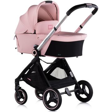 Carucior pentru copii Chipolino Elite 3 in 1 pink marshmallow cu spatar reglabil, suspensii, maner ajustabil, suport picioare reglabil si accesorii