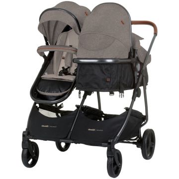 Carucior pentru copii gemeni Chipolino Duo Smart tiramisu 2 in 1, pliere simpla si compacta, sezut transformabil si reversibil, spatar reglabil, bara de protectie detasabila, copertina reglabila, husa pentru picioare