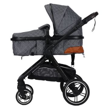 Carucior pentru copii Novokids X1000 series Gri 2 in 1 reversibil, cu geanta bebe, cadru aluminiu, amortizoare, roti din cauciuc, landou, spatar reglabil, plasa insecte