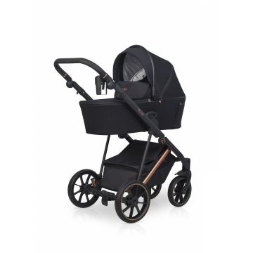 Carucior pentru copii, Riko Velar Magma Premium Line 3 in 1, omologat i-Size R129, cu suspensii, maner reglabil pe inaltime, cu scoica auto, Geanta si accesorii incluse, pana la 22 kg, Negru