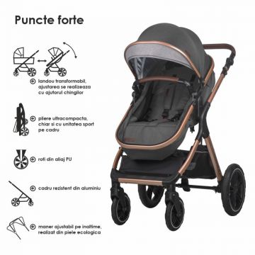 Carucior transformabil 3in1 Coccolle Melora,Cadru aluminiu,Roti mari,reversibil,Maner ajustabil,Cos auto iSize,Geanta,Suport pahar,Husa picioruse,Husa ploaie,Plasa insecte Diamond Black+CADOU Pompa de san electrica