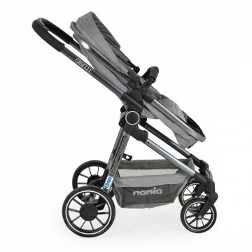 Carucior transformabil 3in1 Nania Giselle Gray cu sezut reversibil,pana la 4 animaxim 22kg,Scaun auto I-Size,spatar reglabil,capotina XXL,pliere compacta cu unitate scaun,roti rezistente,husa pentru picioare inclusa