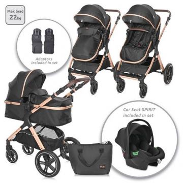 Set 3in1 Carucior Lorelli Viola Black Diamonds, cos auto inclus, set adaptori inclus, pana la 22 kg, Negru