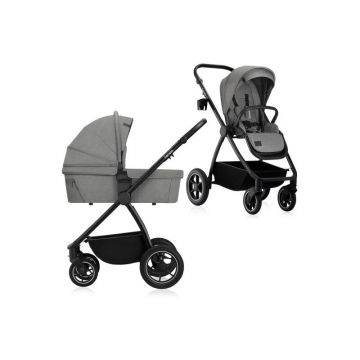 Carucior 2 in 1 Lionelo Meril, cu landou si scaun cu dimensiune XL, reversibil, sistem de ventilatie 3D, accesorii, pana la 22 kg, vonform cu EN1888-1 EN1888-2, EN1466, Gri