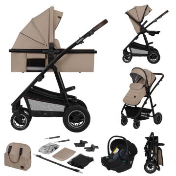Carucior 3 in 1, Lionelo, Amber, Cadru aluminiu, Cu landou intarit si salteluta moale, Cu scoica auto testata ADAC, Reversibil, Cu accesorii, Geanta parinti, Pana la 22 kg, Bej