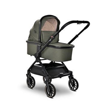 Carucior 3 in 1 pentru copii Lorelli Reya Verde cu maner reversibil, cadru din aluminiu, suspensii, maner pentru transport, greutate admisa 22 kg