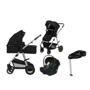 Carucior 4 in 1, Lionelo, Amber, Cu landou intarit si salteluta moale, Cu scoica auto testata ADAC, Baza isofix pentru scoica, Reversibil, Cu accesorii, Pana la 22 kg, EN1888-1 EN1888-2 EN1466 ECE R129, Negru silver