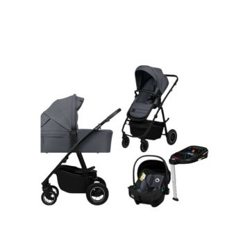 Carucior 4 in 1, Lionelo, Amber Plus, Cu landou intarit si salteluta moale, Cu scoica auto testata ADAC, Baza isofix pentru scoica, Reversibil, Maner ajustabil, Cu accesorii, Pana la 22 kg, EN1888-1, EN1888-2, EN1466, ECE R129, Gri