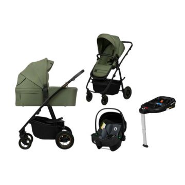 Carucior 4 in 1, Lionelo, Amber Plus, Pana la 22 kg, Cu landou intarit si salteluta din spuma AirDots, Cu scoica auto testata ADAC, Baza isofix pentru scoica, Reversibil, Cu ventilatie 3D, Cu accesorii, EN1888-1, EN1888-2, EN1466, Verde