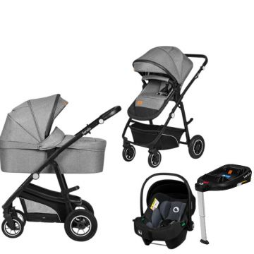 Carucior 4 in 1, Lionelo, Bianka, Transformabil, Cu landou si salteluta moale, Cu scoica auto, Baza isofix pentru scoica, Cu multiple accesorii, Sustine 22 kg, 0 luni+, EN1466:2014+AC:2015, EN1888, Gri