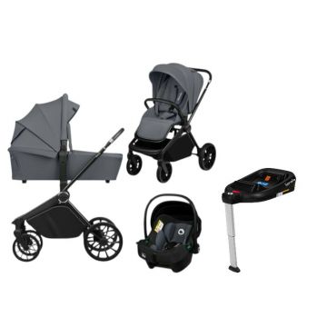 Carucior 4 in 1, Lionelo, Mika Plus, Cu landou intarit si salteluta moale, Cu scoica auto testata ADAC, Baza isofix pentru scoica, Reversibil, Sistem de ventilatie 3D, Cu accesorii, Pana la 22 kg, EN1888-1 EN1888-2 EN1466 ECE R129, Gri