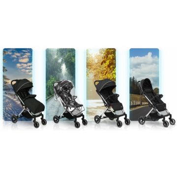 Carucior cu pliere compacta pentru copii cu suspensii,spatar reglabil,bara de protectie detasabila,capotina cu protectie UV,husa de transport,husa picioare si husa ploaie,dimensiuni compatibile avion Nukido Paseo Negru
