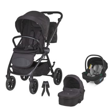 Carucior modular 2 in 1 Coccolle Serry Jet Black + Scoica auto iSize Coccolle Knox Greystone, Suport de picioare reglabil, Suspensie, Huse pentru picioare, Geanta, Adaptoare, Bara de protectie si maner din piele ecologica
