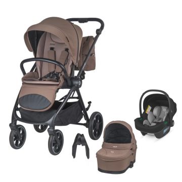 Carucior modular 2 in 1 Coccolle Serry Light Taupe + Scoica auto iSize Coccolle Knox Greystone, Suport de picioare reglabil, Suspensie, Huse pentru picioare, Geanta, Adaptoare, Bara de protectie si maner din piele ecologica