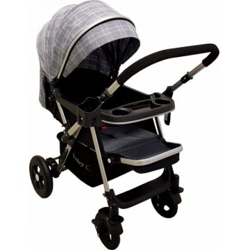 Carucior pentru copii Baby Care PRO 511 Gri Jeans Carouri, Cadru aluminiu, Maner reversibil, Spatar reglabil in 5 trepte, Amortizoare, Frana picior, Pliabil