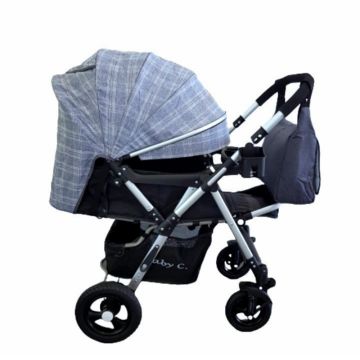 Carucior pentru copii Baby Care PRO 511 Gri Jeans Carouri Cu geanta bebe inclusa, Cadru aluminiu, Maner reversibil, Spatar reglabil in 5 trepte, Amortizoare, Plasa insecte, Frana picior, Pliabil