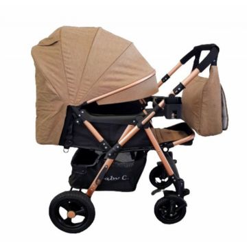 Carucior pentru copii Baby Care PRO 511 Maro Cu geanta bebe inclusa, Cadru aluminiu, Maner reversibil, Spatar reglabil in 5 trepte, Amortizoare, Plasa insecte, Frana picior, Pliabil