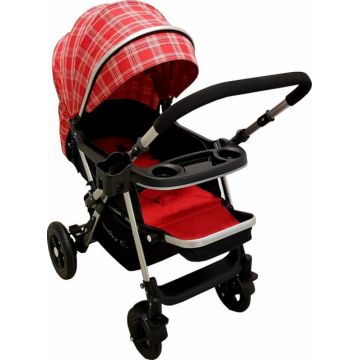 Carucior pentru copii Baby Care PRO 511 Rosu Carouri, Cadru aluminiu, Maner reversibil, Spatar reglabil in 5 trepte, Amortizoare, Frana picior, Pliabil