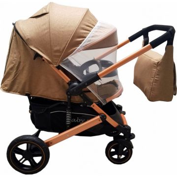 Carucior pentru copii Baby Care Pro 512 Maro Gold cu Suspensii, Cadru aluminiu Gold, Maner reversibil, Spatar reglabil in 5 trepte, Frana picior, Plasa insecte, Geanta