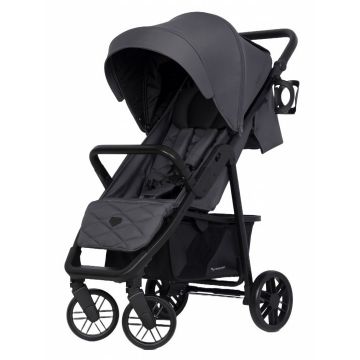 Carucior pentru copii Euro-Cart Flex omologat pana la 22 kg, Iron Black Edition cu cadru de aluminiu, roti cu suspensii, echipat cu husa de picioruse groasa, pelerina de ploaie si suport pentru biberon