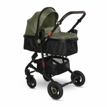Carucior pentru copii Lorelli Alba Premium Loden Green 0-3 ani, landou transformabil, adaptori scoica, cadru din aluminiu, maner ajustabil, sezut reversibil, suspensii, suport pentru sticla, bara detasabila, maxim 15 kg