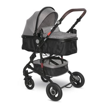 Carucior pentru copii Lorelli Alba Premium Opaline Grey 0-3 ani, landou transformabil, adaptori scoica, cadru din aluminiu, maner ajustabil, sezut reversibil, suspensii, suport pentru sticla, bara detasabila, maxim 15 kg