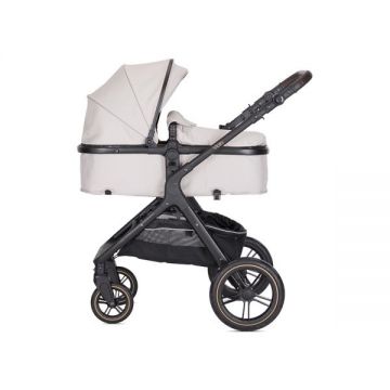 Carucior pentru copii Lorelli Viola Beige 3 in 1 cos auto Spirit inclus, transformabil, sezut reversibil, maner ajustabil, cadru din aluminiu, suspensii, bara detasabila, pana la 22 kg, multiple accesorii