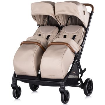 Carucior pentru gemeni Chipolino Twinity Tiramisu, cadru din aluminiu, suspensii, huse picioare, suport pahar, gentuta
