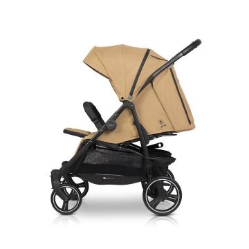 Carucior pentru gemeni Euro Cart Doblo, cu Spatar si Suport pentru picioare reglabile individual, copertina reglabila, husa calduroasa pentru picioare, frana actionata prin pedala, de la nastere pana la 22 kg, Camel
