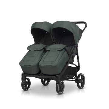 Carucior pentru gemeni Euro Cart Doblo, cu Spatar si Suport pentru picioare reglabile individual, copertina reglabila, husa calduroasa pentru picioare, frana actionata prin pedala, de la nastere pana la 22 kg, Jungle