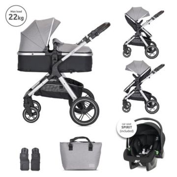 Carucior Set 3 in 1, Lorelli Viola, cos auto Spirit inclus, transformabil, sezut reversibil, pana la 22 kg, Grey