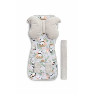 Set Saltea,Pernuta fluture,Protectii centuri si bara protectie pentru carucior copii Sensillo Panda and Fox,Compatibilitate universala,Reversibil,Material Fleece premiumBumbac,Umplutura antialergica,Orificii pentru centuri