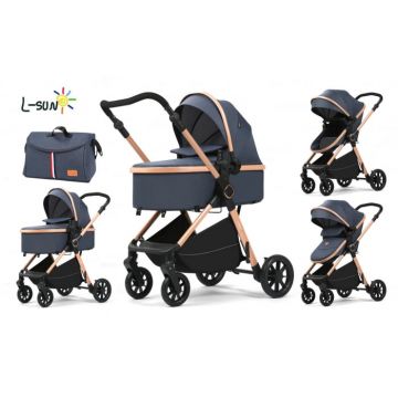 Carucior 2 in 1, F7 Albastru, reversibil, pliabil compact, suspensii duble