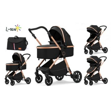 Carucior 2 in 1, F7 Negru, reversibil, pliabil compact, suspensii duble