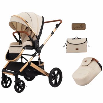 Carucior 2 in 1 Premium Gold Q2, Crem, transformabil, reversibil, cu husa si geanta