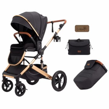 Carucior 2 in 1 Premium Gold Q2, Negru, transformabil, reversibil, cu husa si geanta