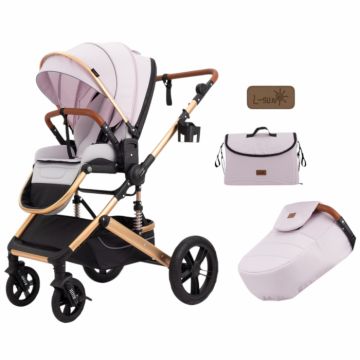 Carucior 2 in 1 Premium Gold Q2, Roz, transformabil, reversibil, cu husa si geanta