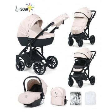 Carucior 3 in 1, G8 Luxury Alb, reversibil, cu suspensii, din piele ECO