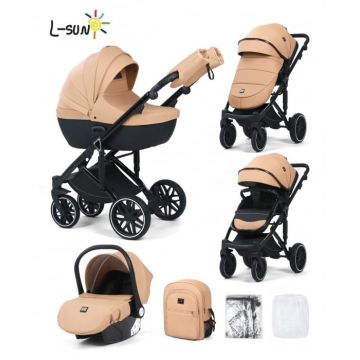 Carucior 3 in 1, G8 Luxury Crem, reversibil, cu suspensii, din piele ECO