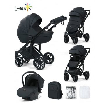 Carucior 3 in 1, G8 Luxury Negru, reversibil, cu suspensii, din piele ECO
