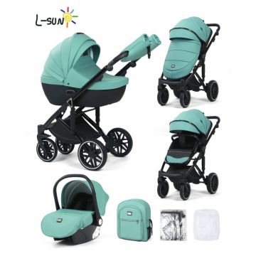 Carucior 3 in 1, G8 Luxury Verde, reversibil, cu suspensii, din piele ECO
