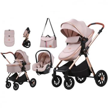 Carucior 3 in 1 reversibil, cu suspensii, cu scoica, parte sport transformabila in landou, T5 Crem