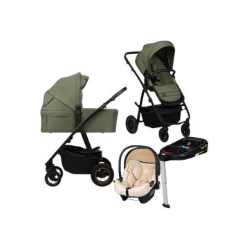 Carucior 4 in 1, Lionelo, Amber Plus, Cu scoica auto Bej testata ADAC +Baza Isofix, Reversibil, Maner ajustabil, Cu accesorii, Cu ventilatie panoramica 3D, Pana la 22 kg, EN1888-1, EN1888-2, EN1466, ECE R129, Verde